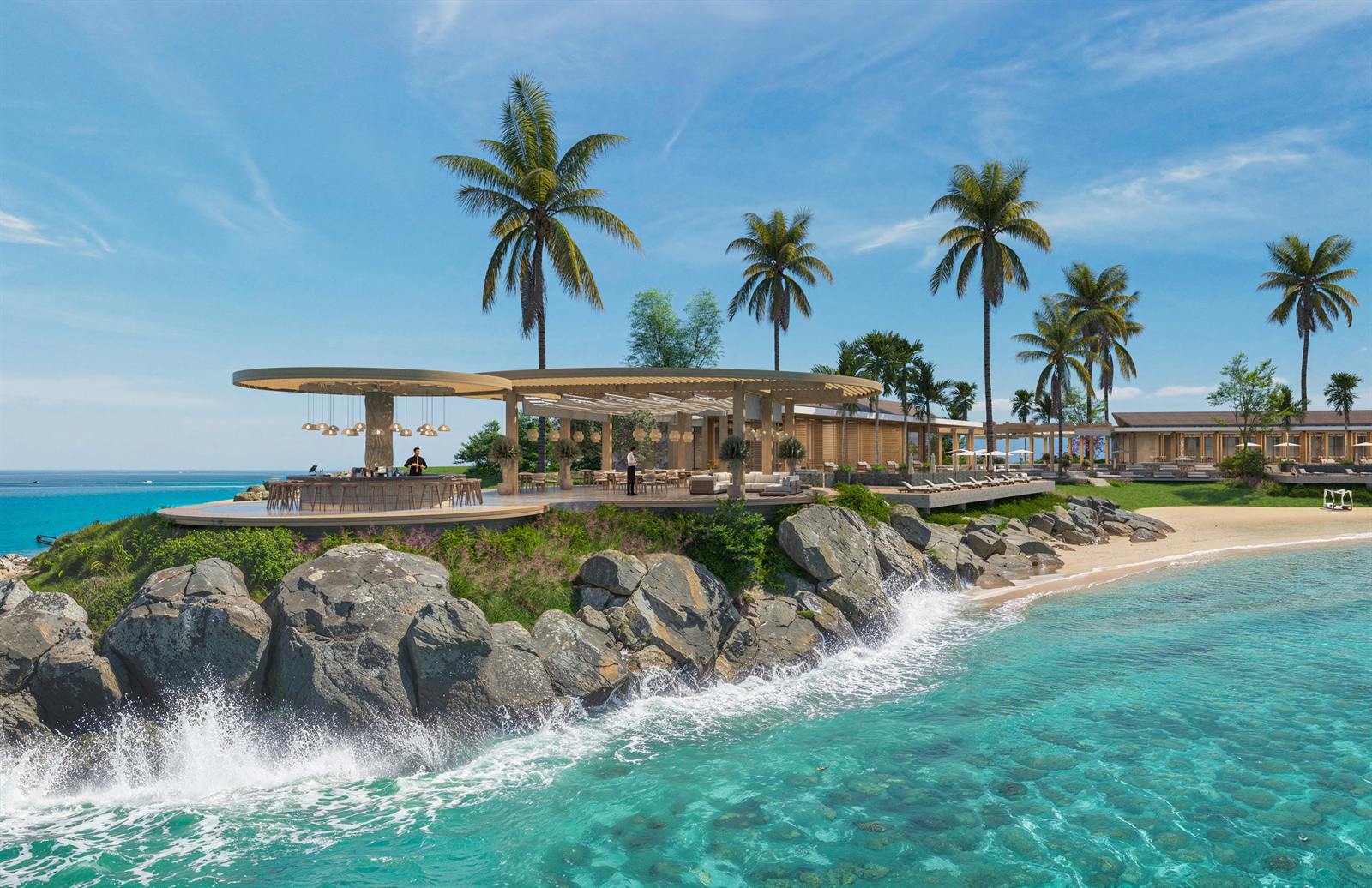 Render del Beach Club sobre la costa rocosa, con palmeras y aguas turquesa