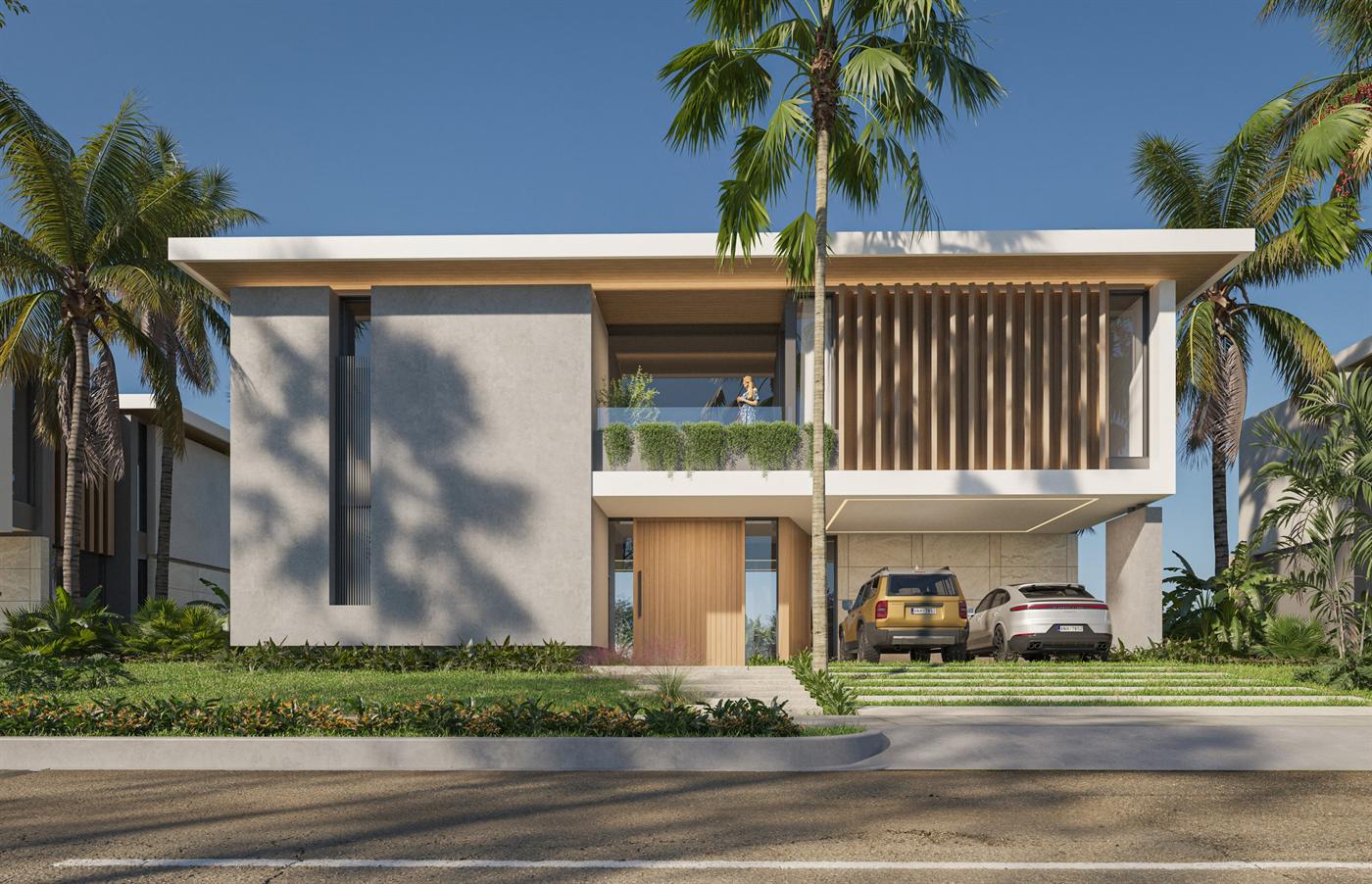 Render de la fachada frontal de la Casa Tipo 1, de dos niveles con celosías de madera