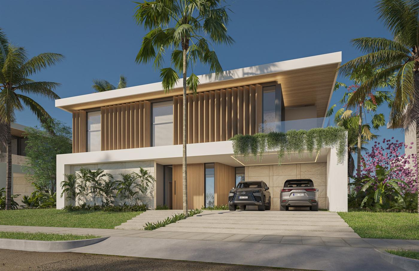 Render de la fachada frontal de la Casa Tipo 2 con marquesina para dos vehículos