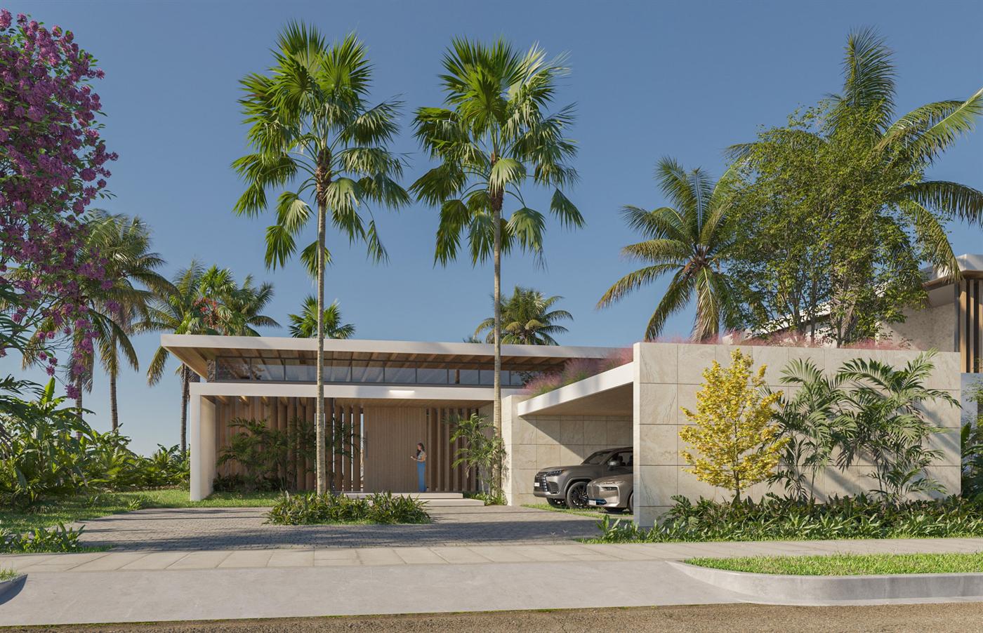 Render de la Casa Tipo 3 entre palmeras, con volúmenes de piedra y vidrio