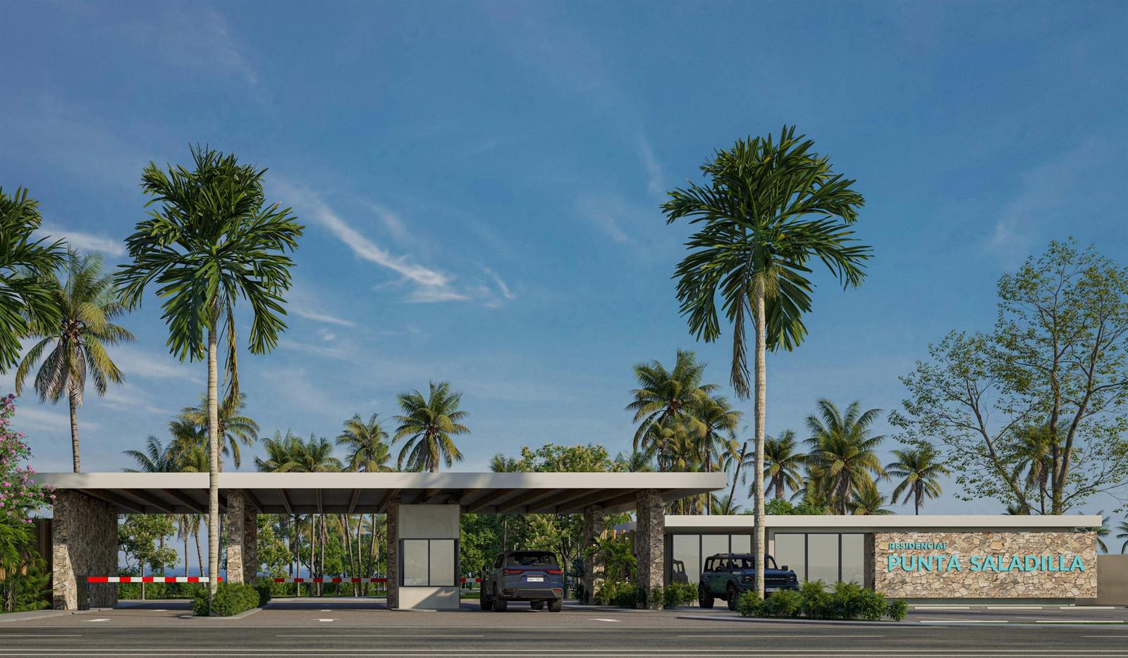 Render del acceso principal del residencial con garita, pérgola y palmeras
