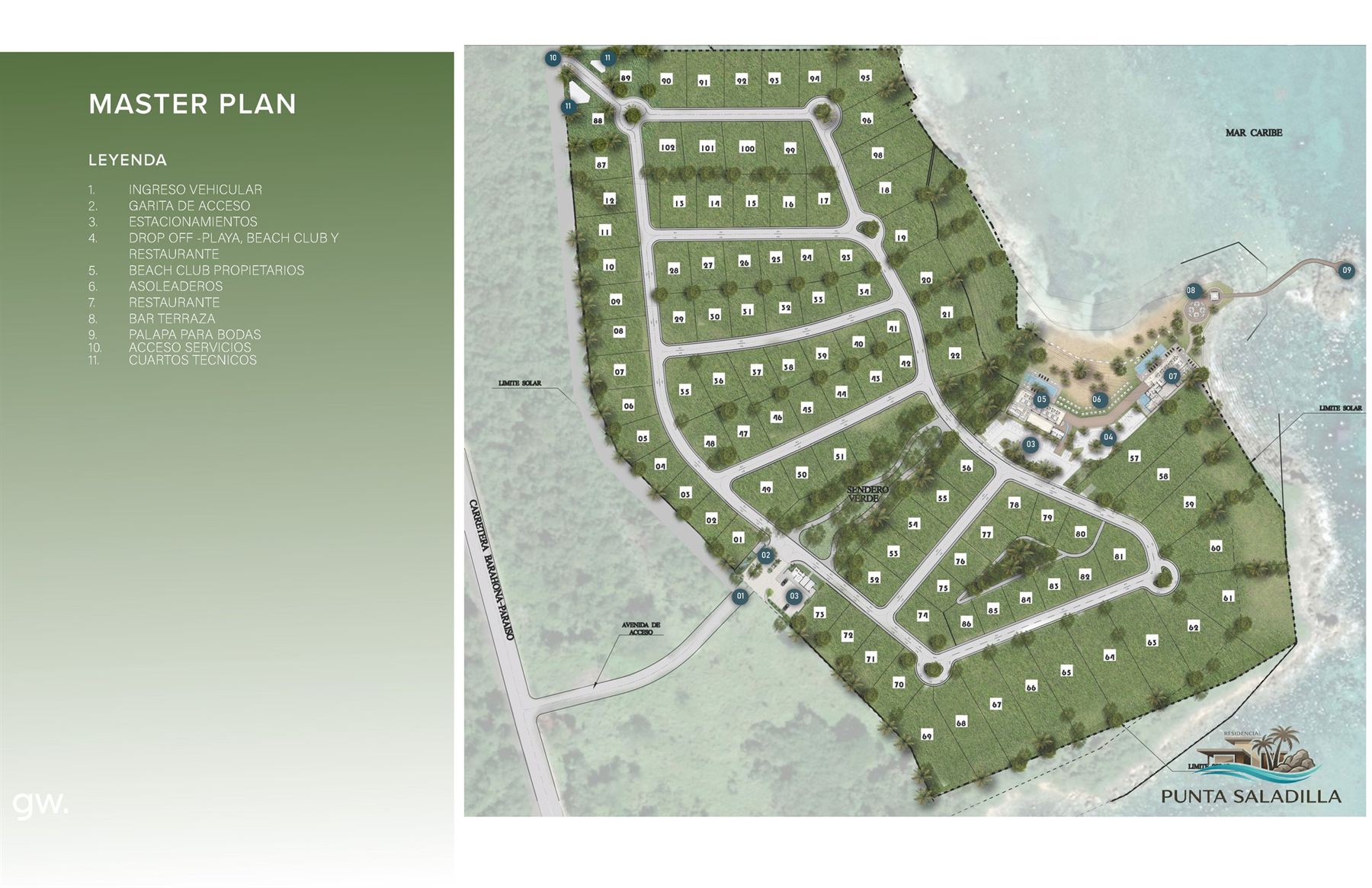 Master plan de Residencial Punta Saladilla con la distribución de 101 solares sobre la península